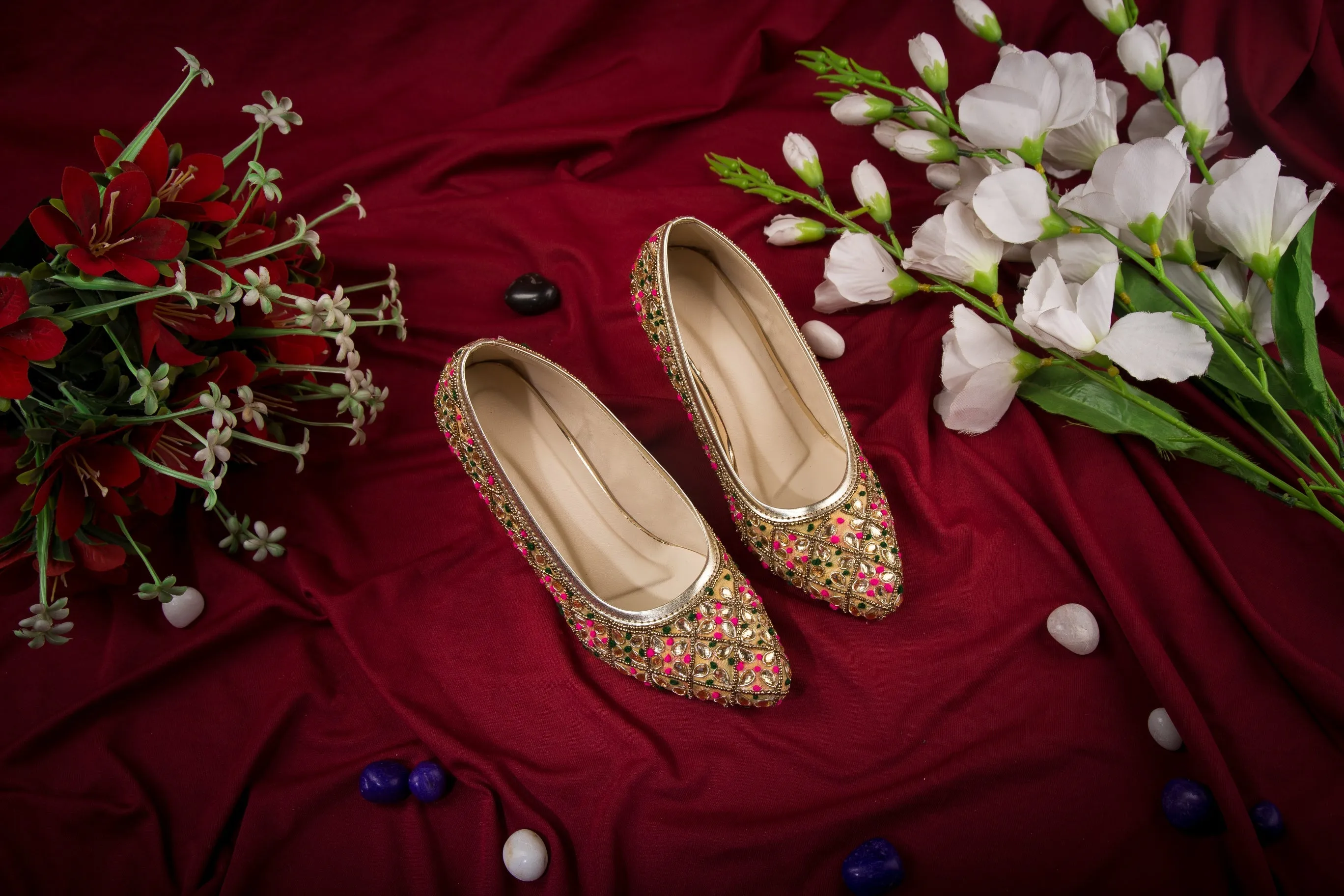 Pink & Green Flower Design Ethnic Heels on Cream Base